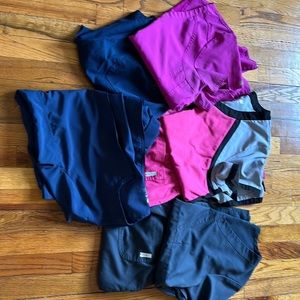 3 Scrub tops size medium, 3 scrub bottom size large, and jacket size medium